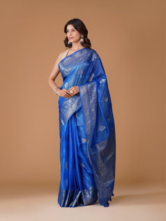 Royal Blue Organza Silk Banarasi Saree with Silver Zari