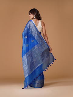 Royal Blue Organza Silk Banarasi Saree with Silver Zari
