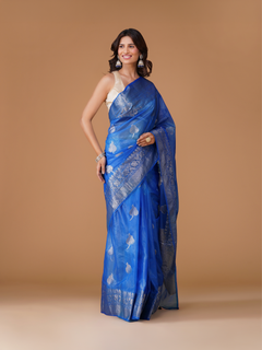 Royal Blue Organza Silk Banarasi Saree with Silver Zari