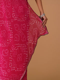 Rani Pink Bandhej Pure Georgette Chiffon Saree with Cutdana Border