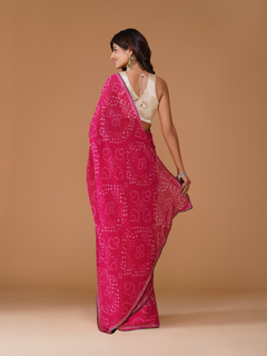 Rani Pink Bandhej Pure Georgette Chiffon Saree with Cutdana Border