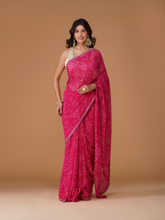 Rani Pink Bandhej Pure Georgette Chiffon Saree with Cutdana Border