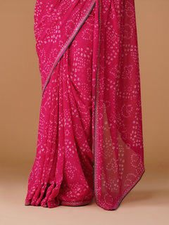 Rani Pink Bandhej Pure Georgette Chiffon Saree with Cutdana Border