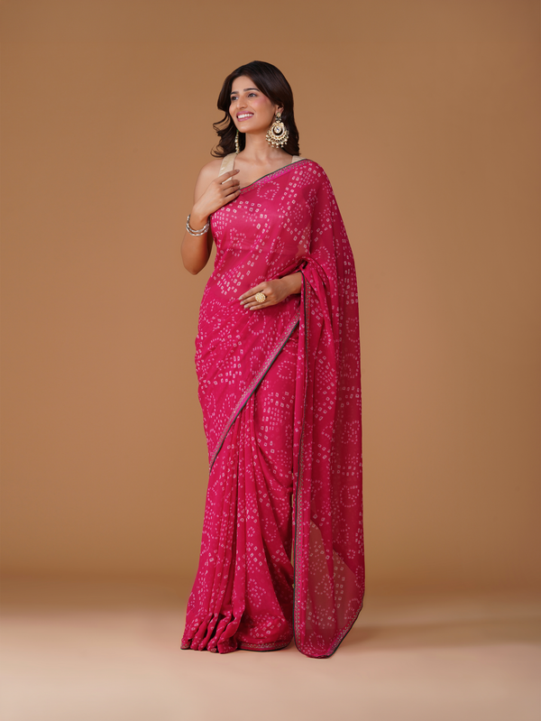 Rani Pink Bandhej Pure Georgette Chiffon Saree with Cutdana Border