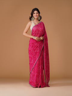 Rani Pink Bandhej Pure Georgette Chiffon Saree with Cutdana Border