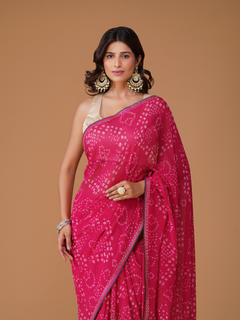 Rani Pink Bandhej Pure Georgette Chiffon Saree with Cutdana Border