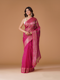 Rani Pink Pure Resham Banarasi Saree with Zari Border
