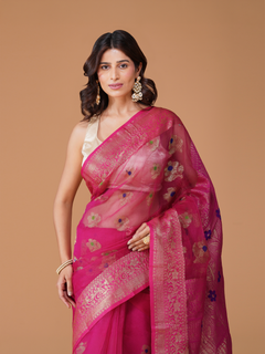 Rani Pink Pure Resham Banarasi Saree with Zari Border