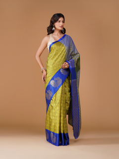 Mehendi Green Banarasi Tanchui Silk Saree with Zari Buta Border