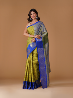 Mehendi Green Banarasi Tanchui Silk Saree with Zari Buta Border