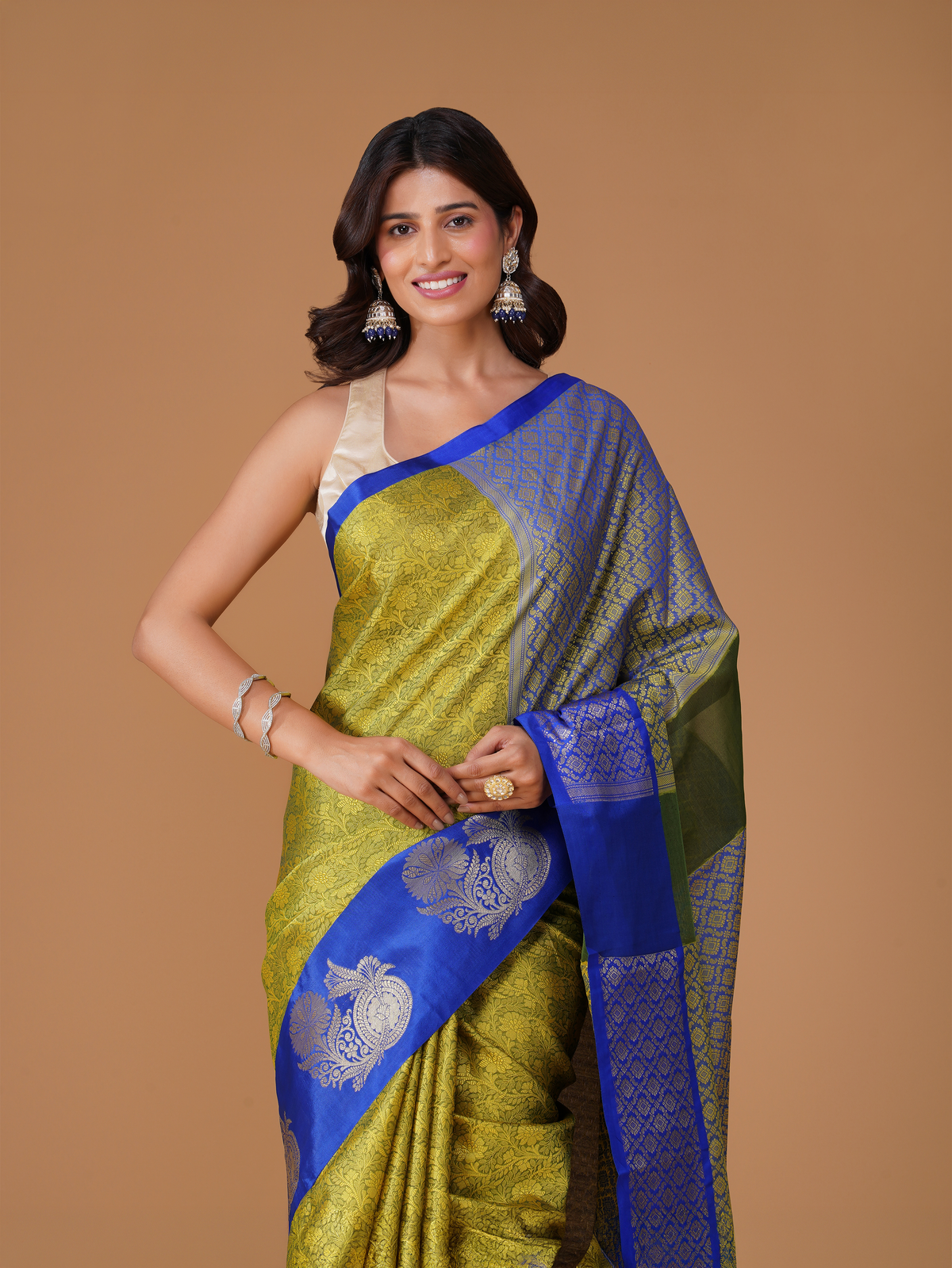 Mehendi Green Banarasi Tanchui Silk Saree with Zari Buta Border