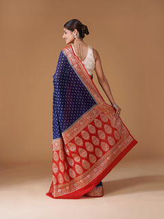 Royal Blue Banarasi Dyeable Georgette Saree with Red Contrast Border