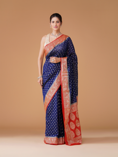 Royal Blue Banarasi Dyeable Georgette Saree with Red Contrast Border