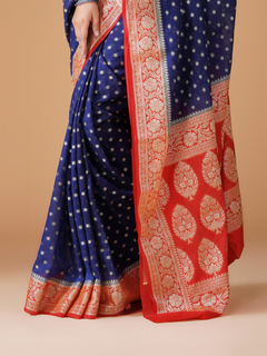 Royal Blue Banarasi Dyeable Georgette Saree with Red Contrast Border