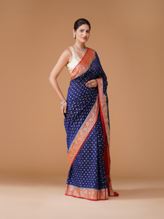 Royal Blue Banarasi Dyeable Georgette Saree with Red Contrast Border