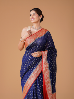 Royal Blue Banarasi Dyeable Georgette Saree with Red Contrast Border