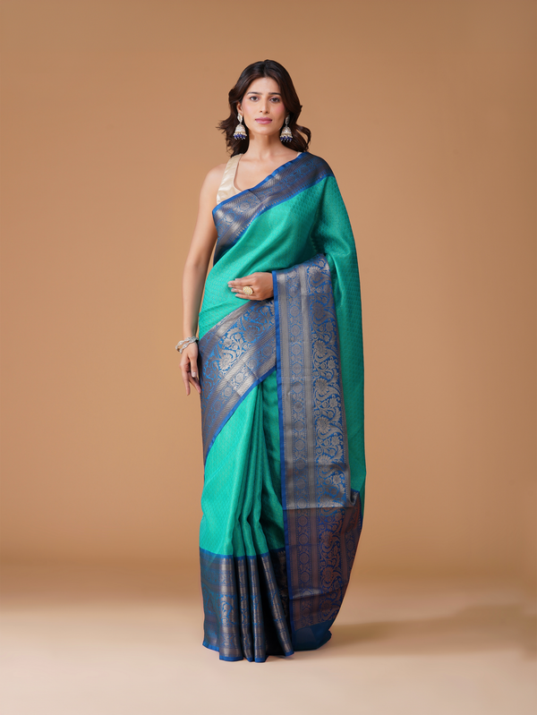 Sea Green Banarasi Tanchui Silk Saree with Zari Buta Border