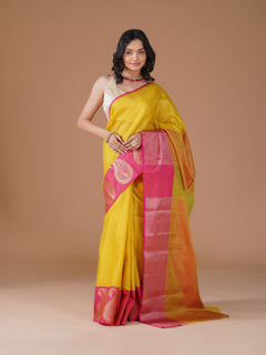 Yellow Banarasi Tanchui Silk Saree with Pink Zari Buta Border