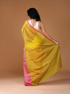 Yellow Banarasi Tanchui Silk Saree with Pink Zari Buta Border