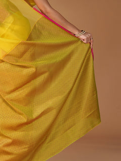Yellow Banarasi Tanchui Silk Saree with Pink Zari Buta Border