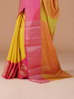 Yellow Banarasi Tanchui Silk Saree with Pink Zari Buta Border