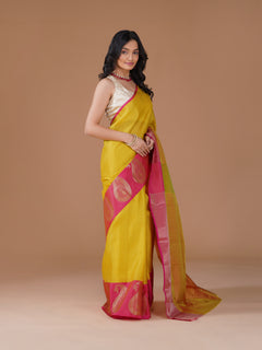 Yellow Banarasi Tanchui Silk Saree with Pink Zari Buta Border