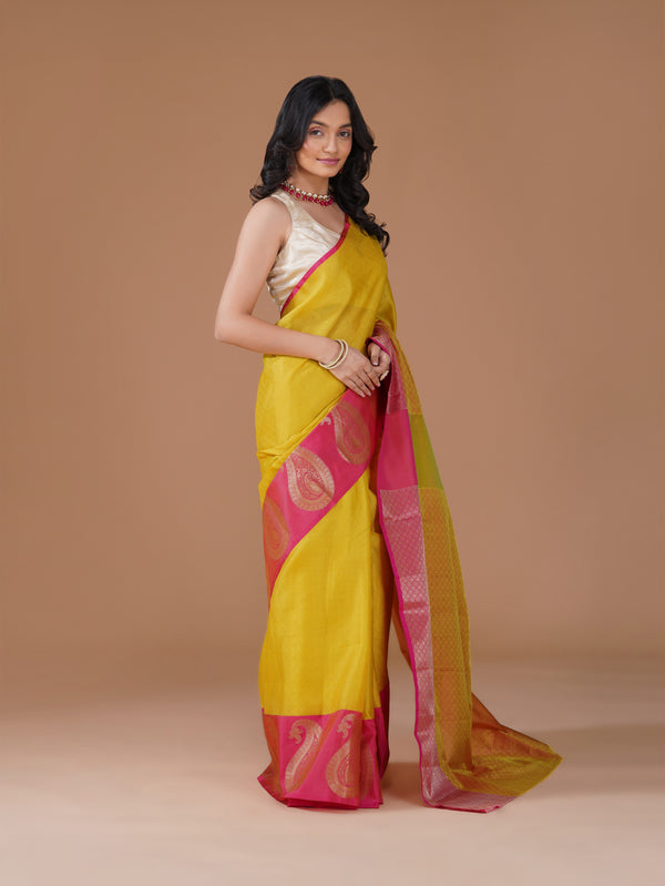 Yellow Banarasi Tanchui Silk Saree with Pink Zari Buta Border