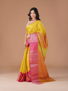 Yellow Banarasi Tanchui Silk Saree with Pink Zari Buta Border