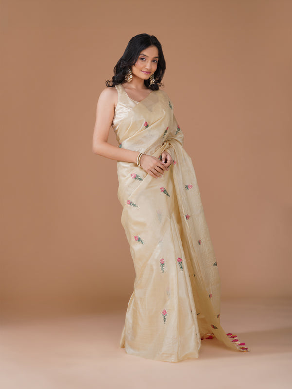 Ivory Pure Tussar Silk Floral Embroidery Saree