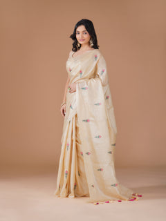 Ivory Pure Tussar Silk Floral Embroidery Saree