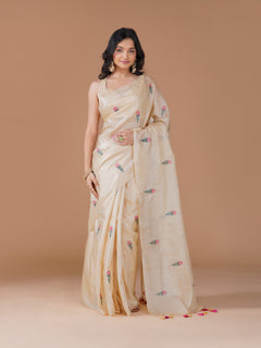 Ivory Katan Silk Saree with Red & Yellow Paisley Embroidery
