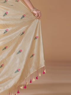 Ivory Pure Tussar Silk Floral Embroidery Saree