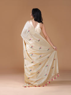 Ivory Pure Tussar Silk Floral Embroidery Saree