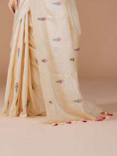 Ivory Pure Tussar Silk Floral Embroidery Saree