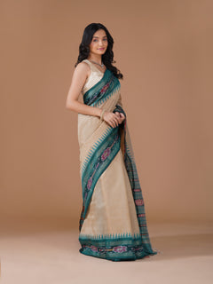 Cream Semi Raw Silk Saree with Teal Ikat Temple Border