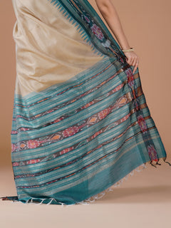 Cream Semi Raw Silk Saree with Teal Ikat Temple Border