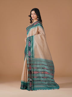 Cream Semi Raw Silk Saree with Teal Ikat Temple Border