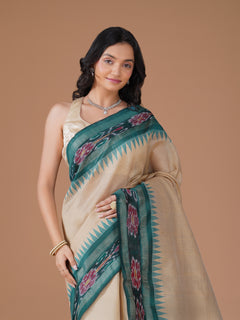 Cream Semi Raw Silk Saree with Teal Ikat Temple Border