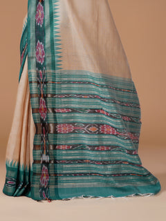 Cream Semi Raw Silk Saree with Teal Ikat Temple Border