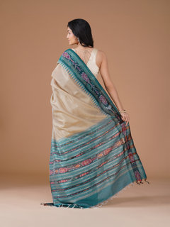 Cream Semi Raw Silk Saree with Teal Ikat Temple Border