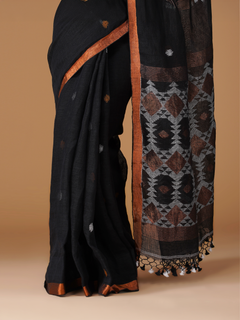 Black 100 Count Cotton Linen Saree with Copper Zari Border