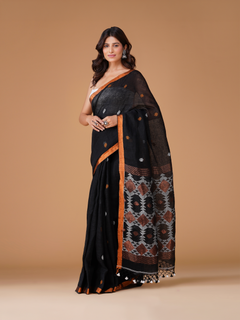 Black 100 Count Cotton Linen Saree with Copper Zari Border