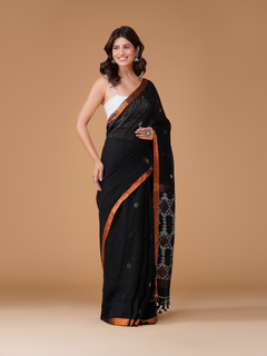 Black 100 Count Cotton Linen Saree with Copper Zari Border