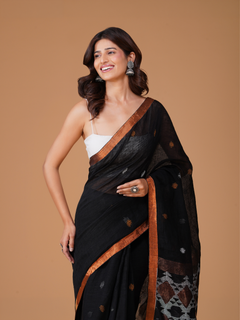 Black 100 Count Cotton Linen Saree with Copper Zari Border