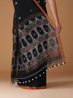 Black 100 Count Cotton Linen Saree with Copper Zari Border