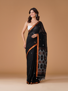 Black 100 Count Cotton Linen Saree with Copper Zari Border