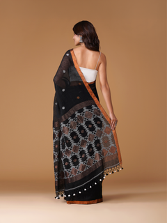 Black 100 Count Cotton Linen Saree with Copper Zari Border