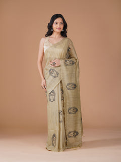 Beige Bamboo Jute Silk Embroidery Saree