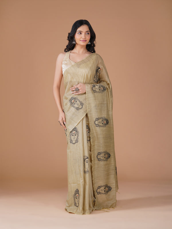 Beige Bamboo Jute Silk Embroidery Saree