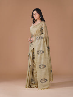 Beige Bamboo Jute Silk Embroidery Saree
